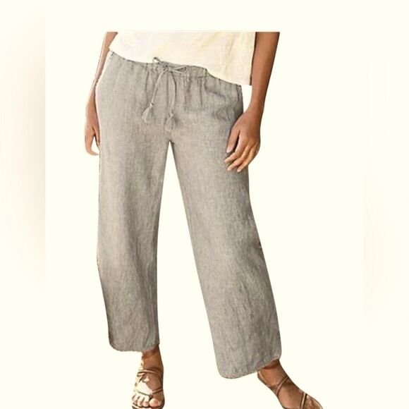 Hot Cotton SZ 2X Linen Blend Wide Leg Cropped Pants Elastic Tie Waist Langenlook - Picture 2 of 11
